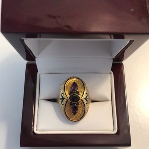 Antique 10K 1860s Victorian amethyst & garnet mourning ring